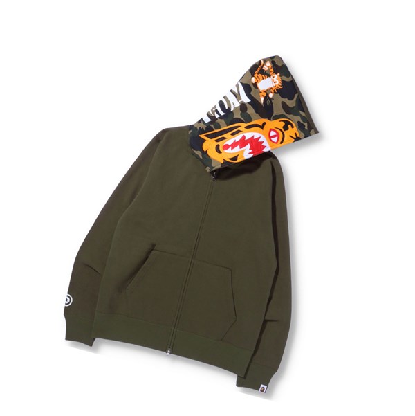 Army Green A BATHING APE Tiger Full Zip Throughs Men's Hoodie | XK3218469