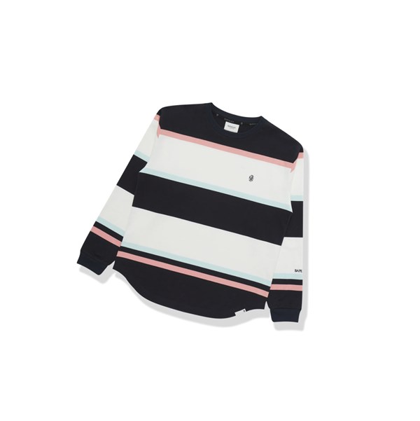 Blue A BATHING APE Striped Logo Tee Long Sleeve Men's T Shirts | UT9857642